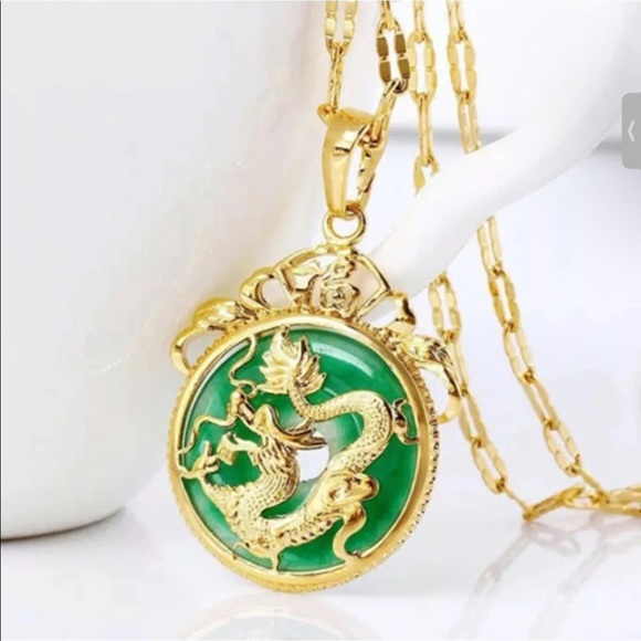 24K Gold Plated Dragon Pendant Malaysia Jade & Chain Necklace 7/8”. - Picture 3 of 8